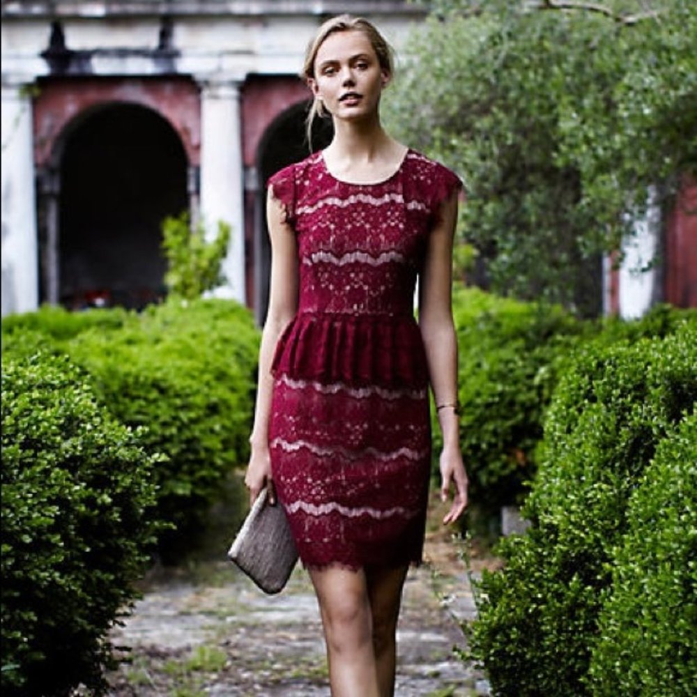 Anthropologie Maeve Lace Peplum Elsa Dress in Wine M EUC
